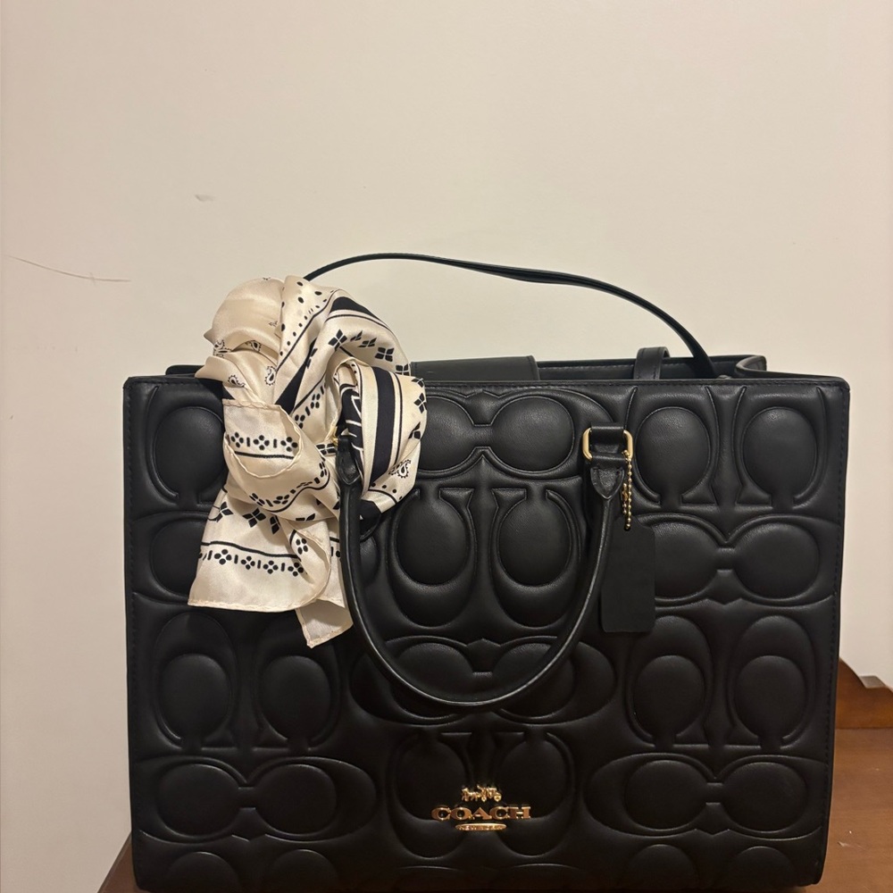 Coach Black Embossed Tote with Gold Logo